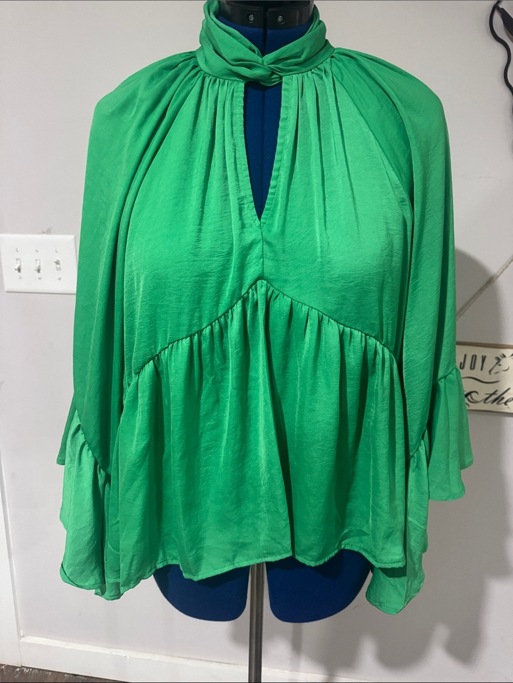 Women’s Green High-Neck Gathered Peasant Blouse